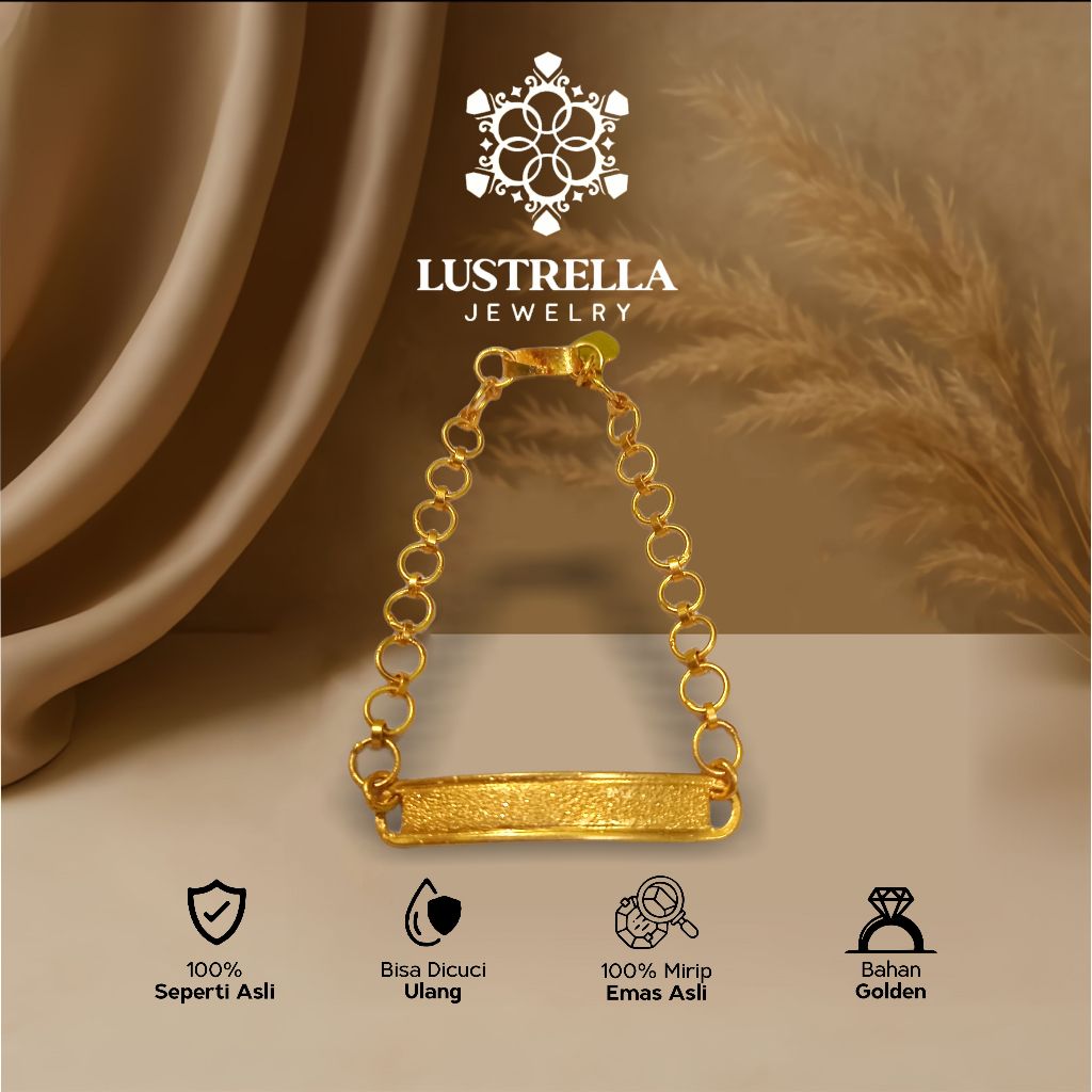 Gelang Anak Replika Emas Plat Persegi + Rantai Bulat Adjustable – Gold Look