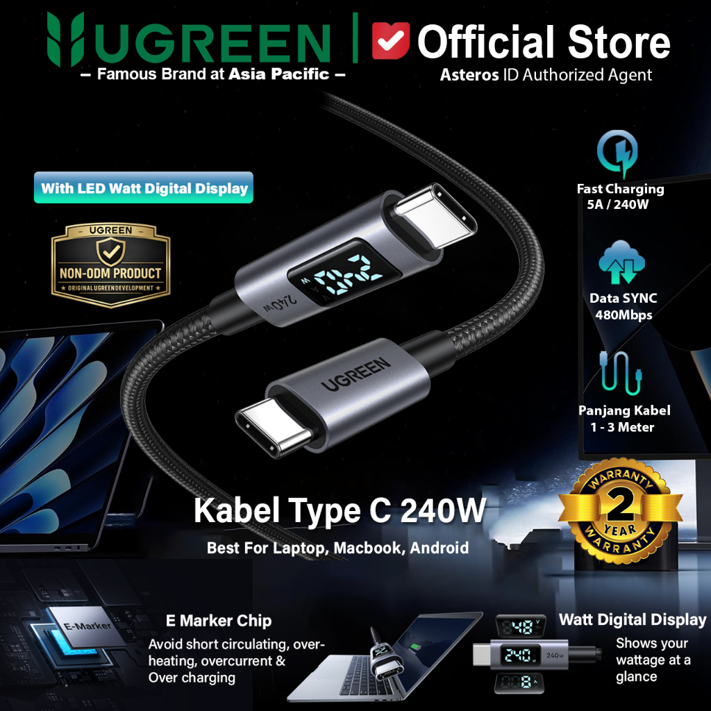 UGREEN Kabel Data PD Type C to Type C Digital Display Fast Charging 240W Max 5A Nylon Braided