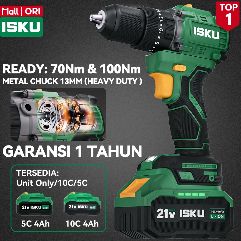 ISKU Bor Baterai Impact Drill 13mm Besi Tembok Beton Cor Cordless Brushless 21V 70Nm 100Nm Torsi Bad