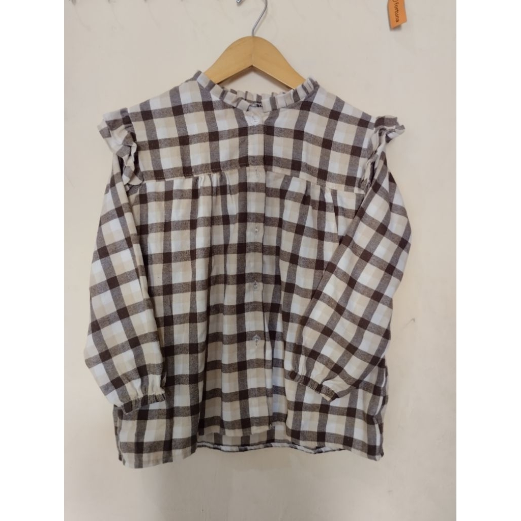 PRELOVED ATASAN RUFFLE WANITA KEMEJA BLOUSE FLANEL REMPEL BAHU LUCU KOREAN BLOUSE