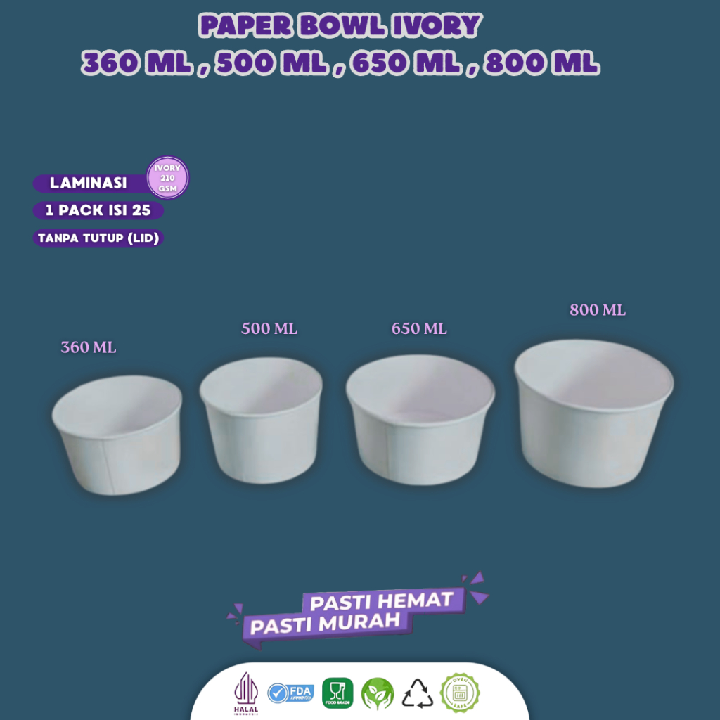 (25 Pcs) Paper Bowl Ivory / Rice Bowl 650ml Laminasi Food Grade / Mangkok Kertas / PBLW650