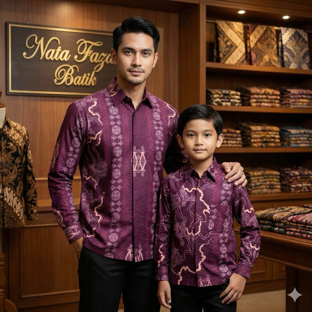 PESONA Ungu Magenta Baju Batik Katun Couple Ayah Anak Lengan Panjang Motif Geometris Eksklusif Serag