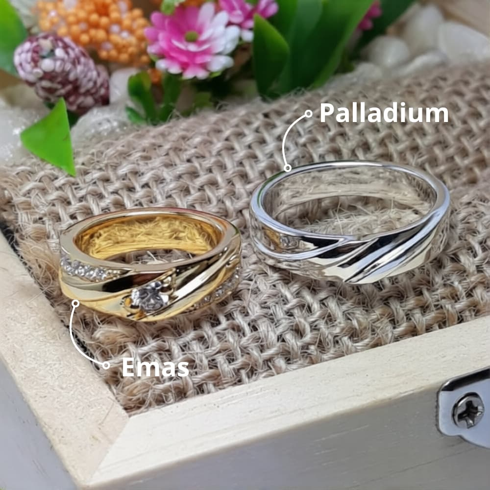 Cincin Nikah & Tunangan Palladium Platinum & Emas asli – Sepasang Ring Couple Elegan All Size C390