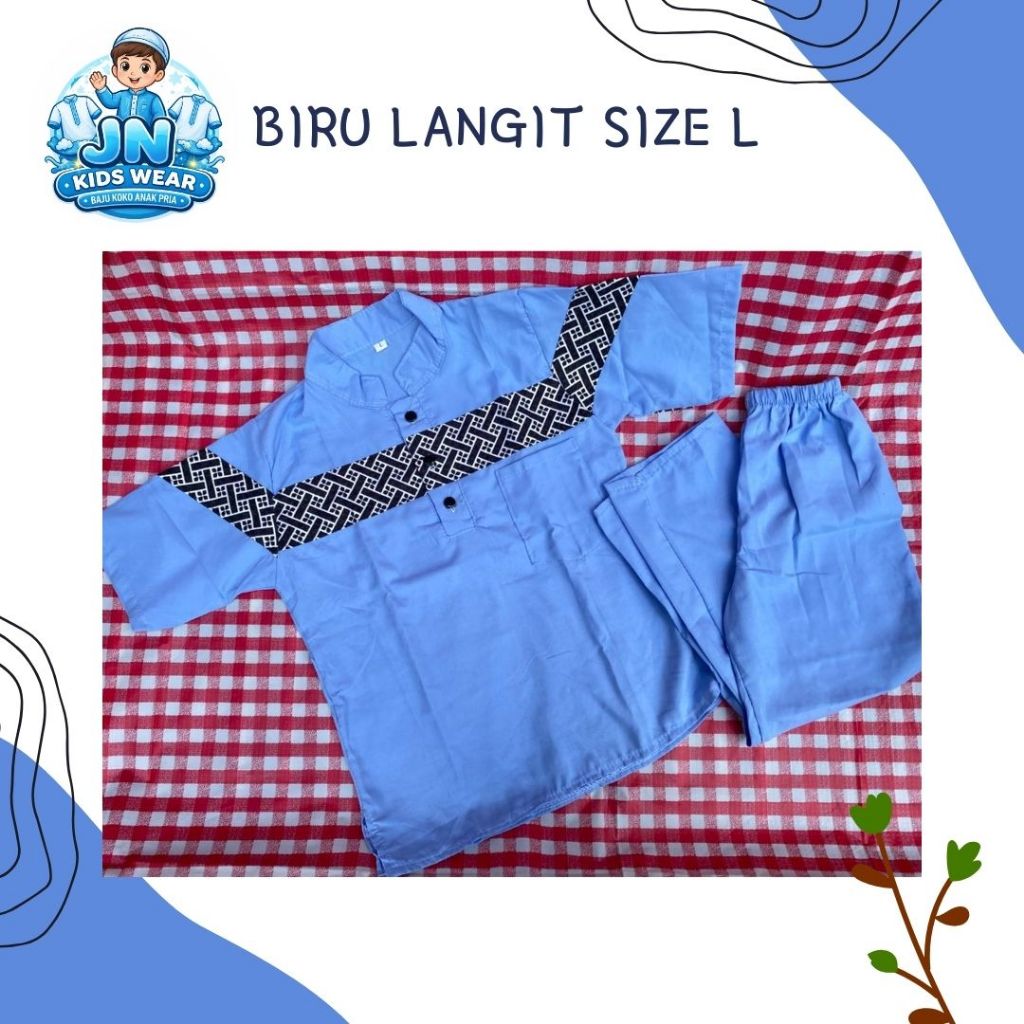 Stelan Baju Koko Anak Laki-Laki Katun biru langit untuk anak 3-4 tahun