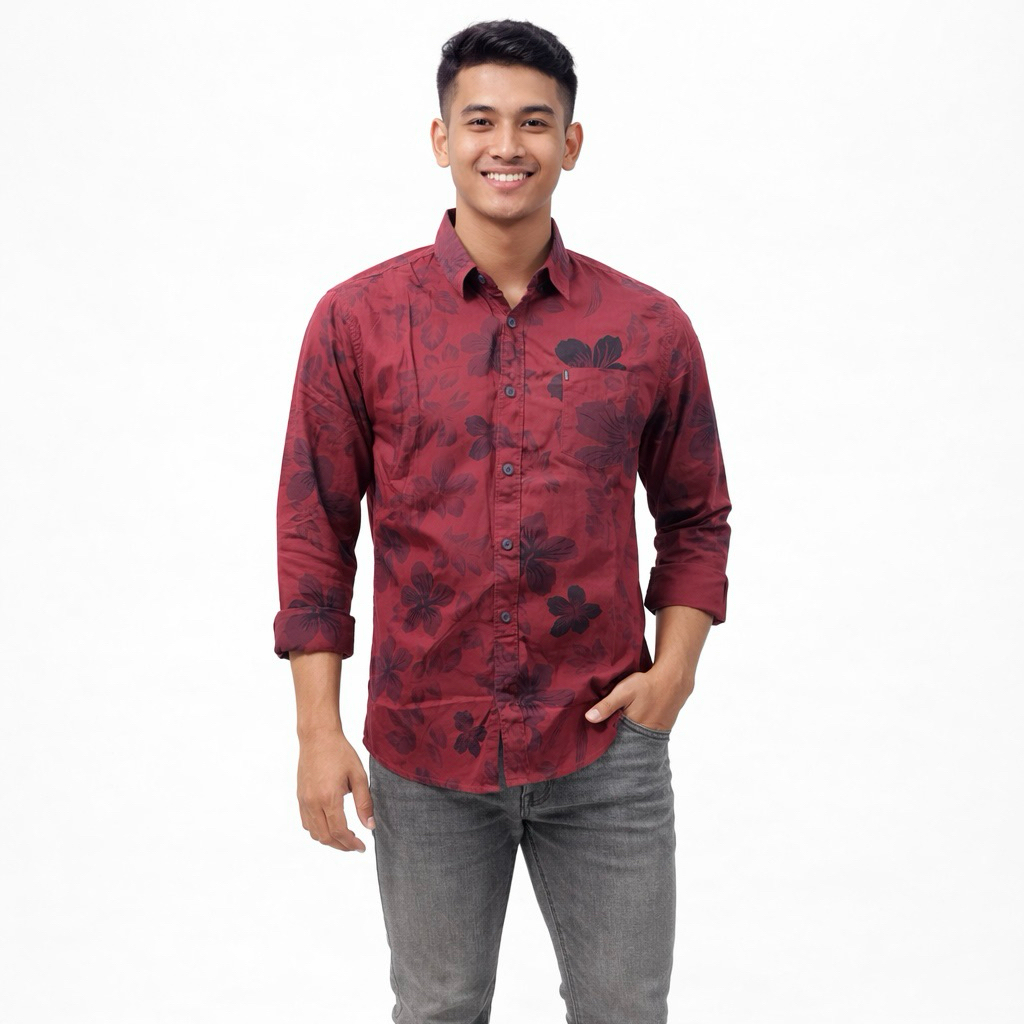 Kemeja MGEE Pria Lengan Panjang Motif Floral Slim Fit - MD031