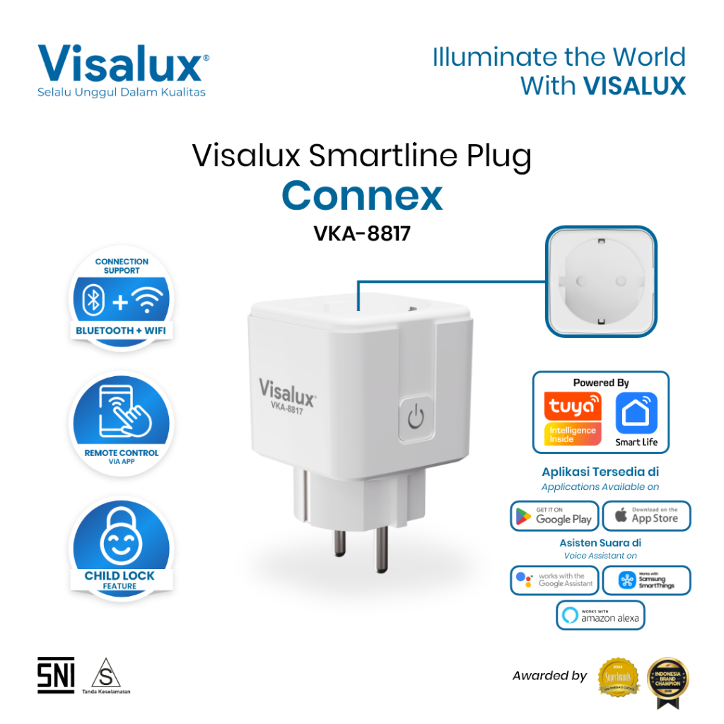 Visalux Connex Smartline Plug 2 Pin Bluetooth + WiFi - Colokan Stop Kontak Kaki 2 Steker Pintar