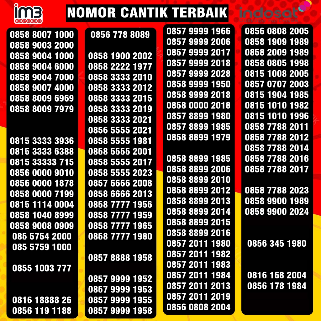Nomor Cantik Indosat 11 Digit Nomer Cantik Im3 Tahun Lahir 2024 2023 2022 2021 2020 2019 2018 2017 2