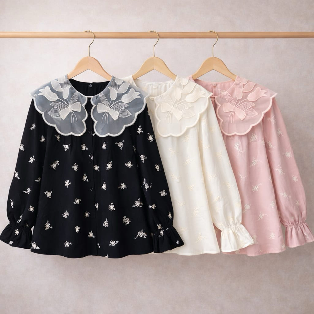 Blouse Wanita Korean Style Collar Bordir Bunga Atasan Baby Doll Lengan Panjang Loose Fit Kekinian