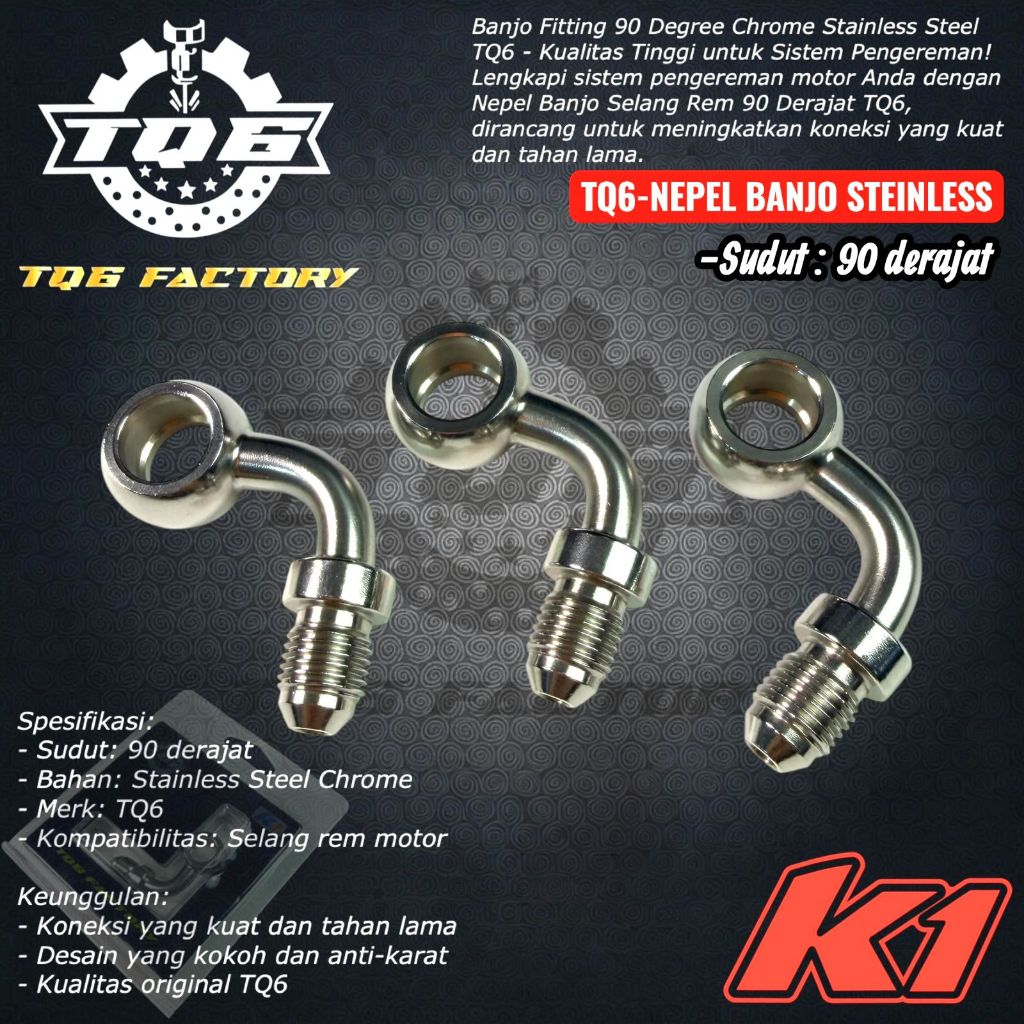 Banjo selang TQ6 Fitting 90 Degree Chrome Stainless Steel rem stainless 90 derajat flat original vie