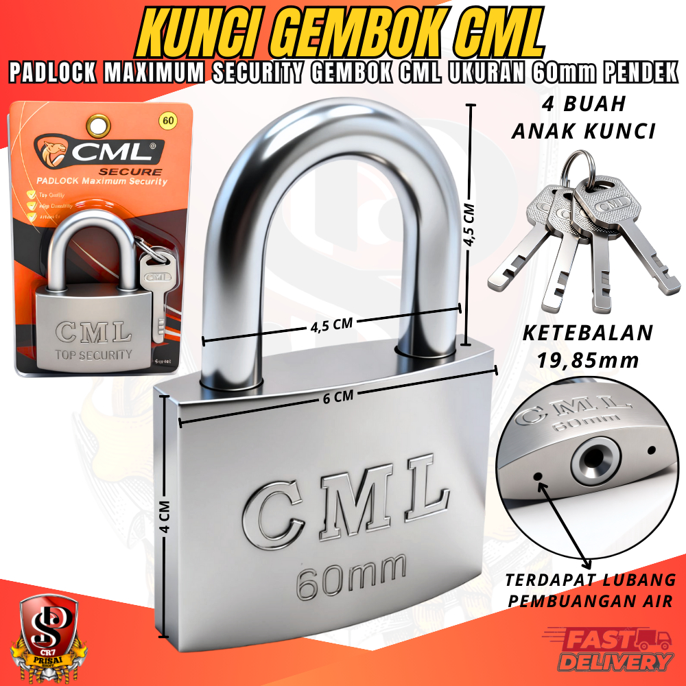 Kunci Gembok CML 60mm Leher Pendek Stainless Steel / Kunci Pintu Pagar Besi CML / Kunci Pintu Rumah 