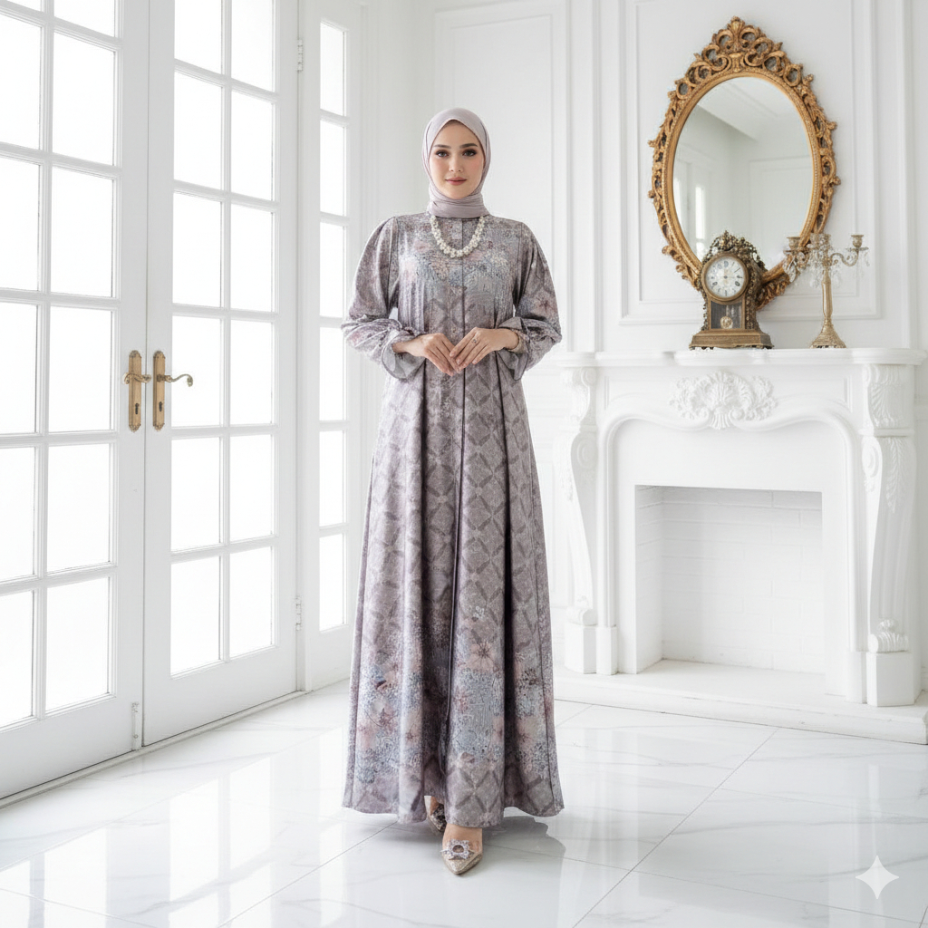 Gamis Motif Klasik Modern Luxury - Baju Muslim Wanita High Quality Silk Abu-Abu