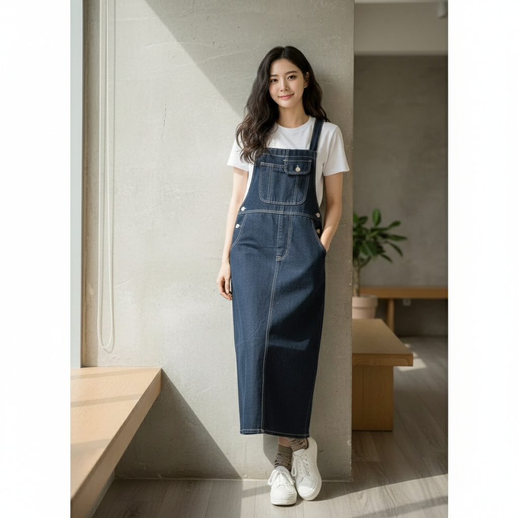 Overall Rok Cargo Jeans Panjang Saku Depan Overall Jumpsuit Dress Panjang Jeans