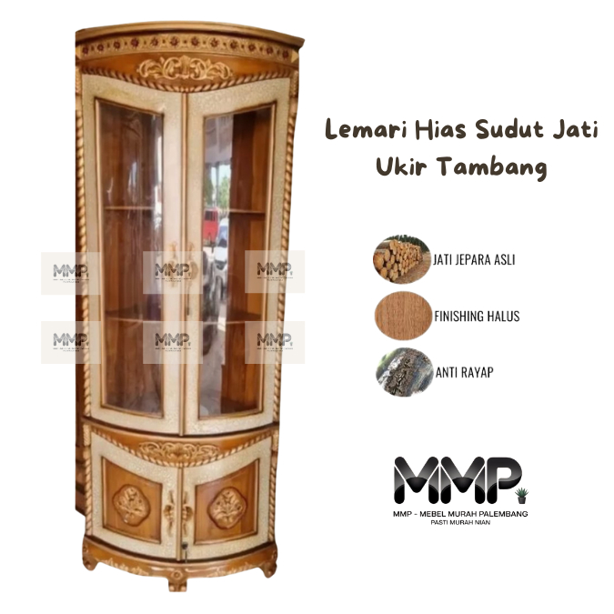 Lemari Hias Sudut Jati Ukir Tambang | Lemari Hias Jati Jepara Asli Murah Palembang