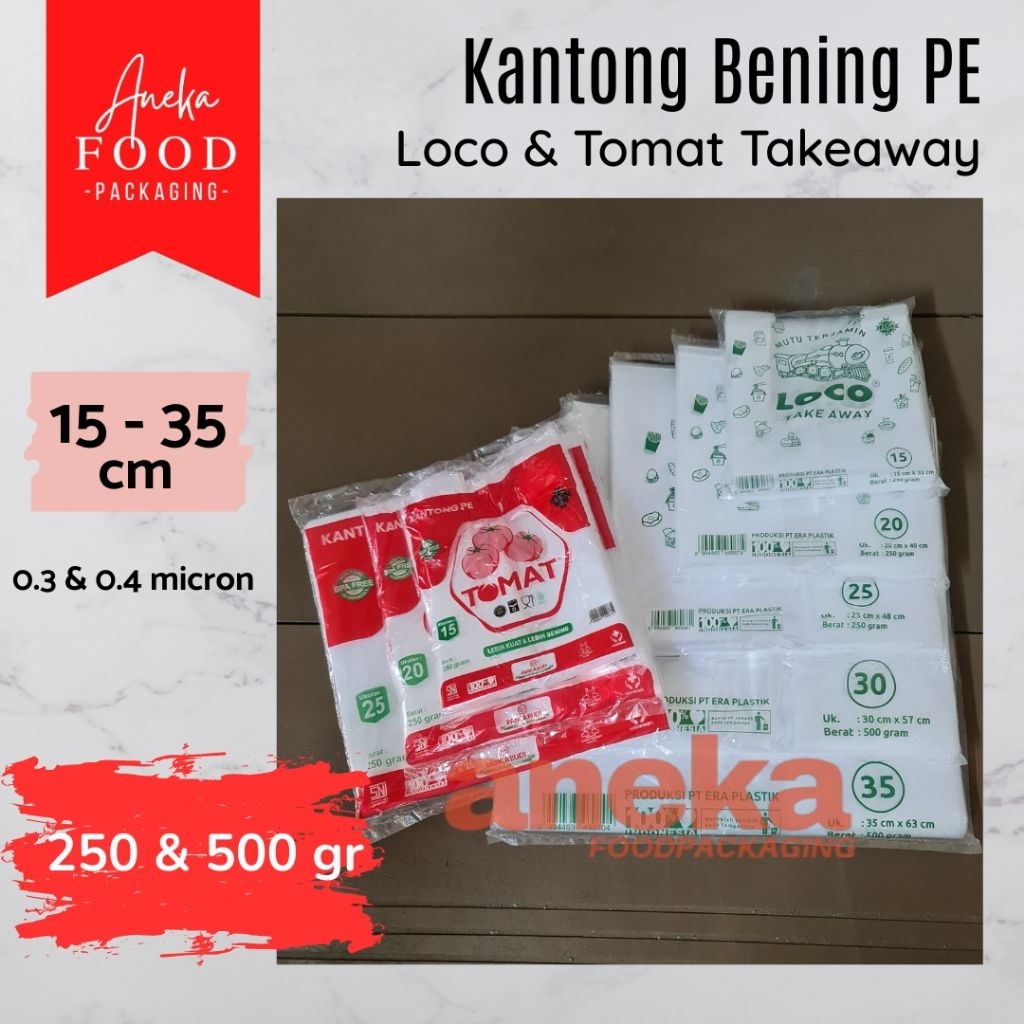 Kantong kresek PE TOMAT & LOCO PEX plastik bening tas transparan takeaway 15, 20, 25, 30 & 35 cm