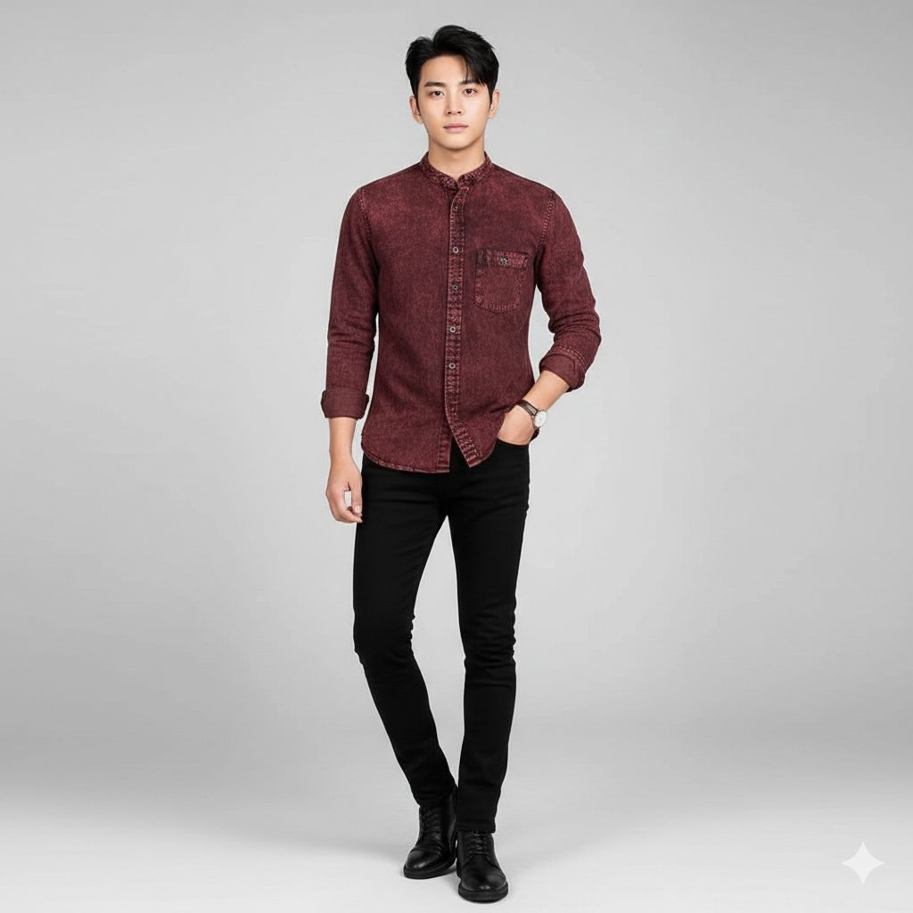 Baju Kemeja Hem Denim Jeans Pria Lengan PANJANG Premium Distro Casual Shirt Snow