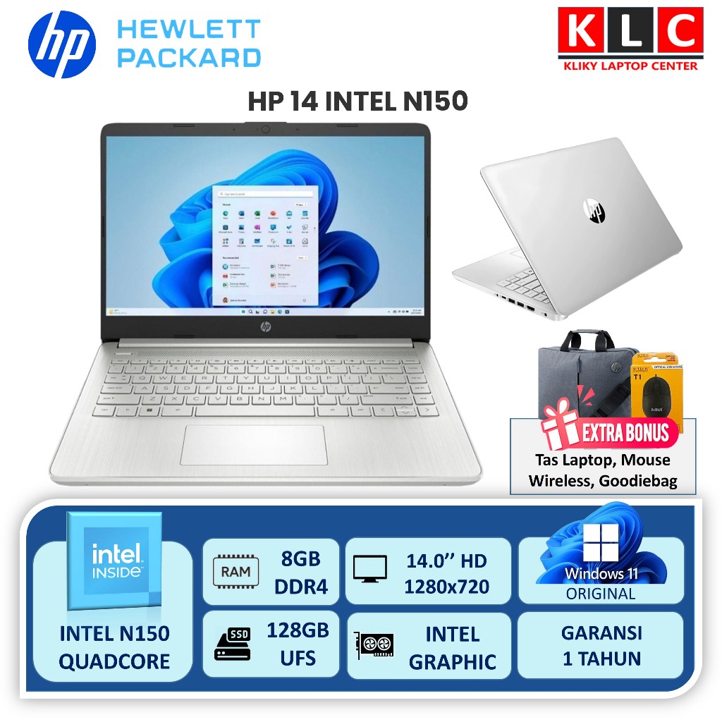 Laptop Sekolah HP 14 Intel N150 Ram 8GB 128GB Layar 14 Inch Windows 11 Silver Laptop Terbaru