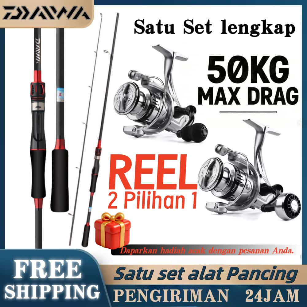 Daiwa Pancing Set 1.65-2.7m Carbon Fiber Fishing Rod with Fishing Reel Lure 5.2:1 Gear Ratio Max Dra