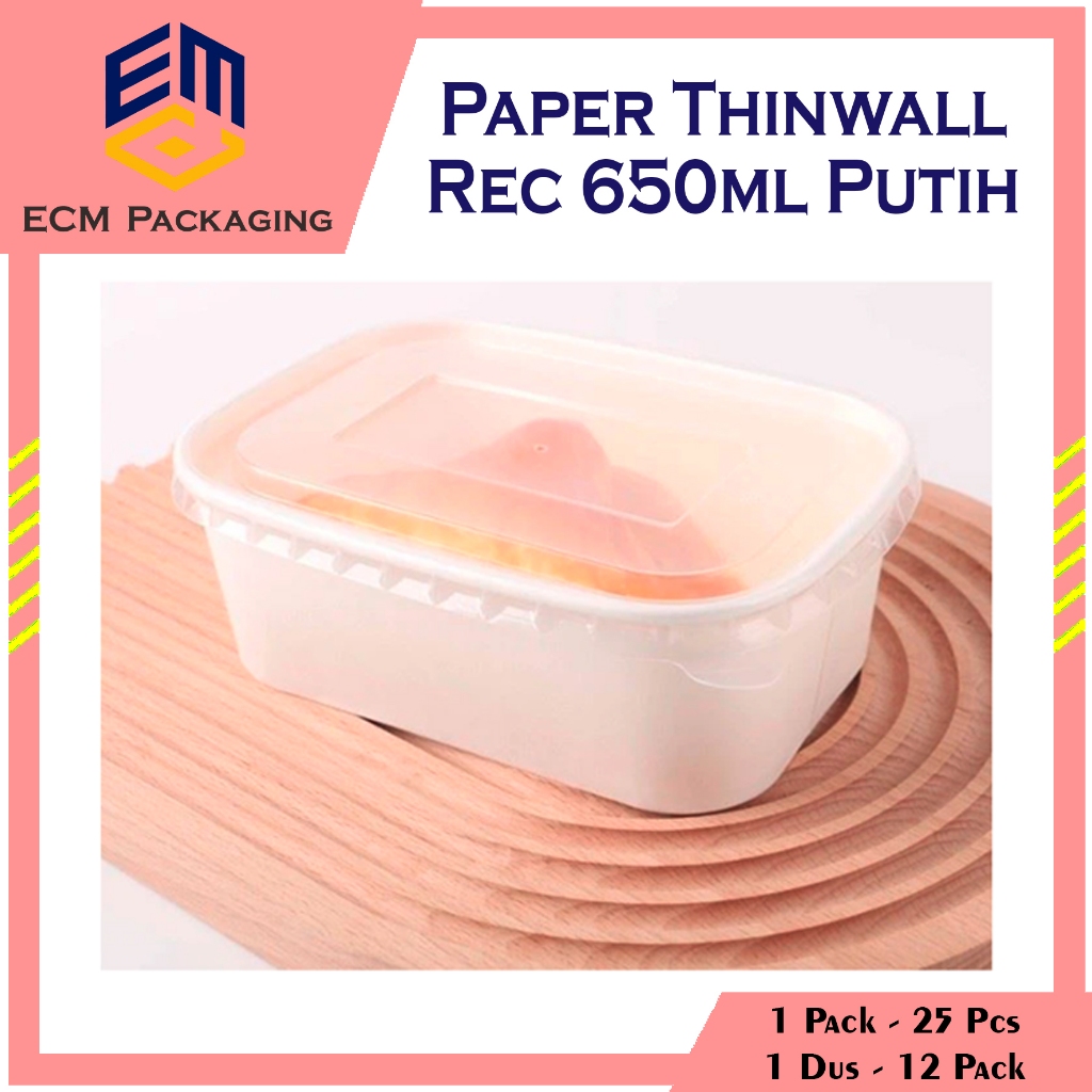 25pcs Paper Bowl Rectangle 650ml + Tutup PUTIH | Paper Thinwall Laminasi Food Container Kertas Kotak