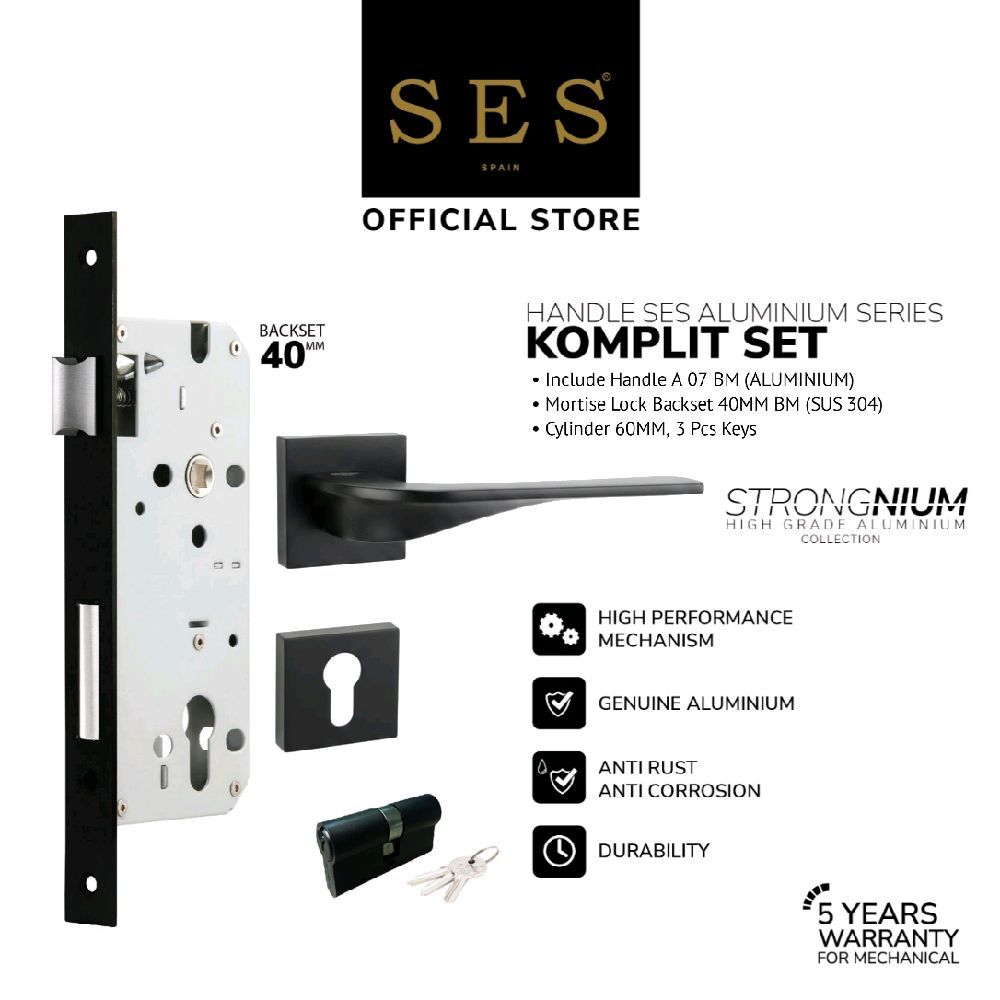 Gagang Pintu Set - Handle Pintu SES Aluminium A07 BM + Body Kunci SES ECO E2030 - 40mm BM