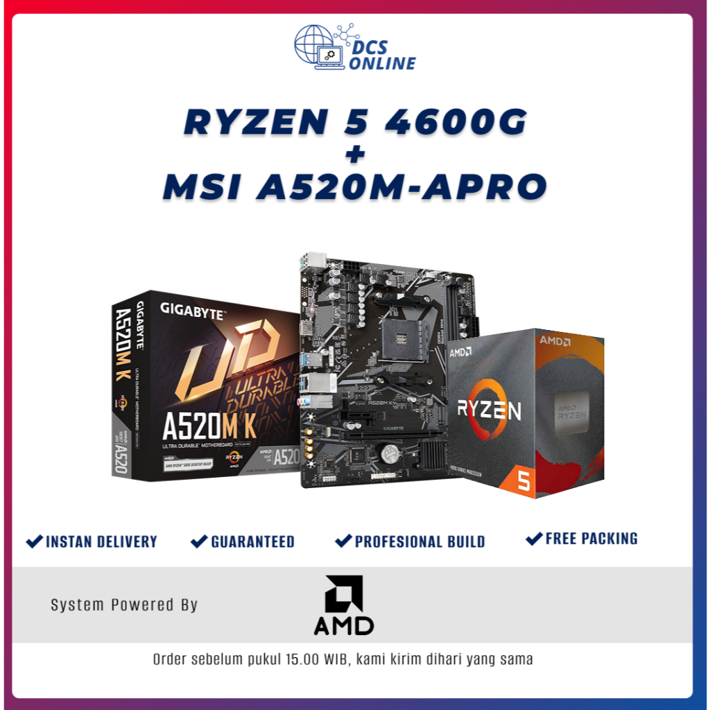 Paket Mobo Motherboard Processor AMD Ryzen 5 4600G + Gigabyte A520MK Socket AMD AM4 DDR4 - Baru Berg