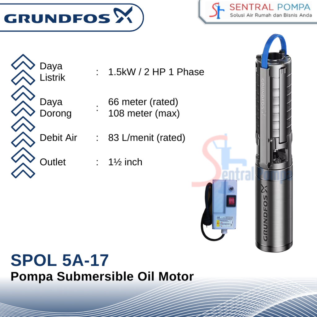 Grundfos SP 5A-17 Oil Motor Pompa Air Submersible SPOL 5A-17 2 HP 4 Inch | Sentral Pompa