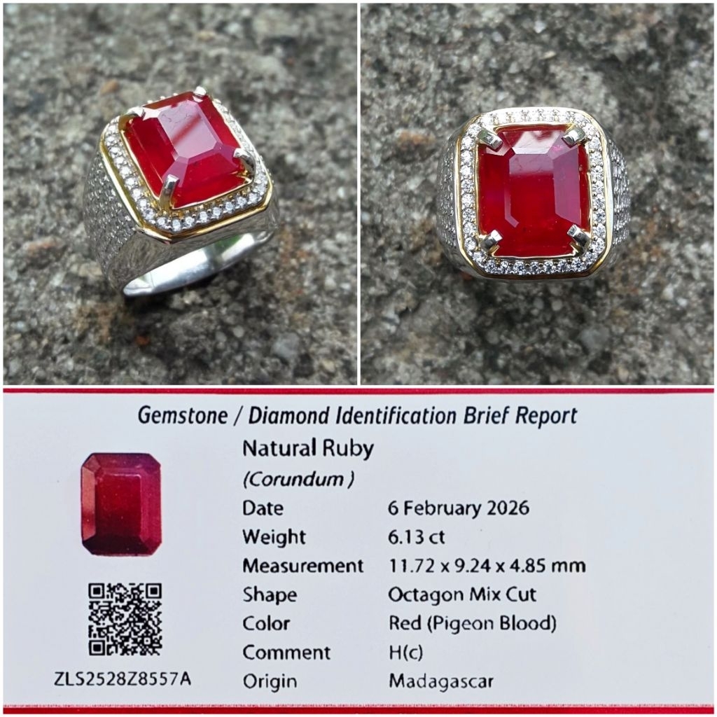 Cincin Permata Batu Natural Ruby Pigeon Blood Ring Perak Memo