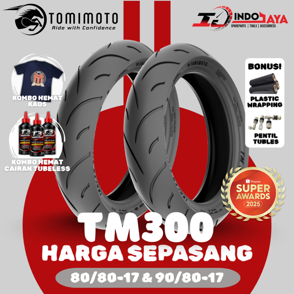 [HARGA SEPASANG] BAN LUAR TUBELESS TOMIMOTO TM300 RING 17 ( 80/80-17 & 90/80-17 ) BAN TUBLES R17 TM-