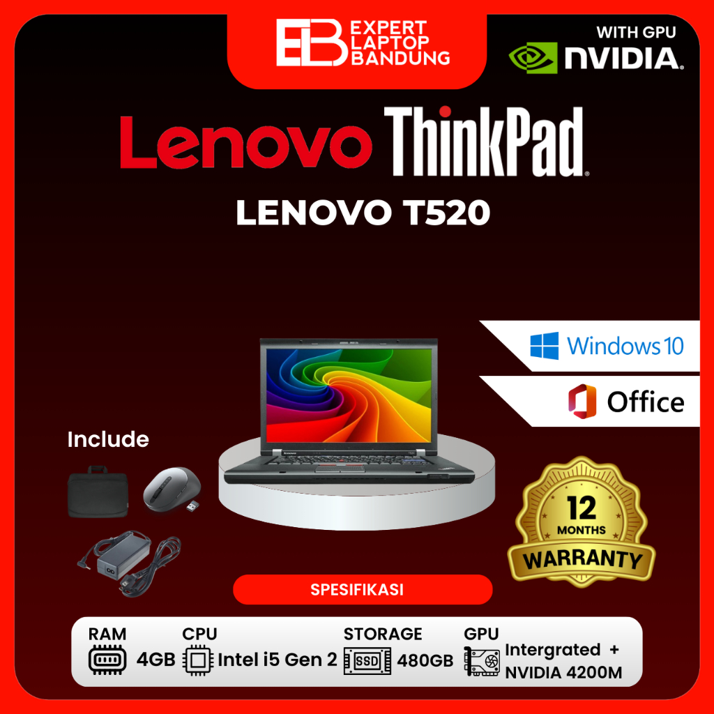 LENOVO T520 | Intel i5 Gen 2 | NVIDIA 4200M | RAM 4GB | SSD 480GB | Layar 15.6" 1366X768 - Garansi 1