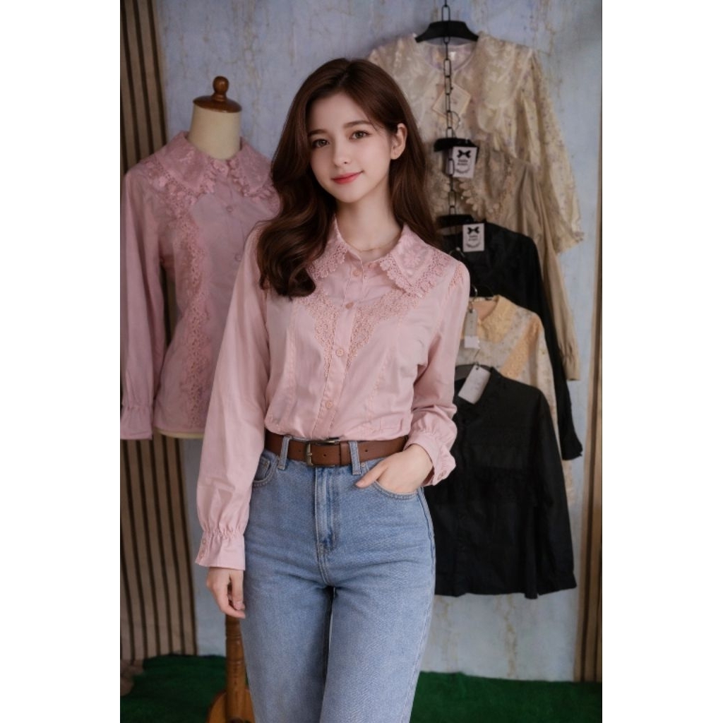 baju atasan brokat kemeja katun bordir wanita kerja korean style