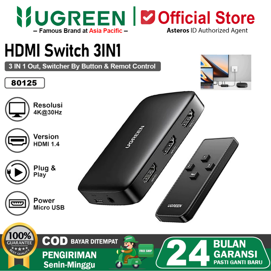 UGREEN HDMI Switcher 3 in 1 Out 4K/3D with Remote 80125