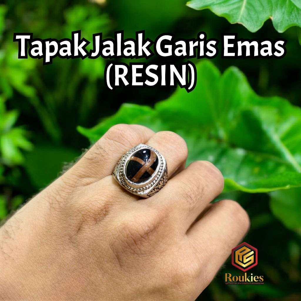 Cincin Batu Tapak Jalak Garis Emas Ring Alpaka