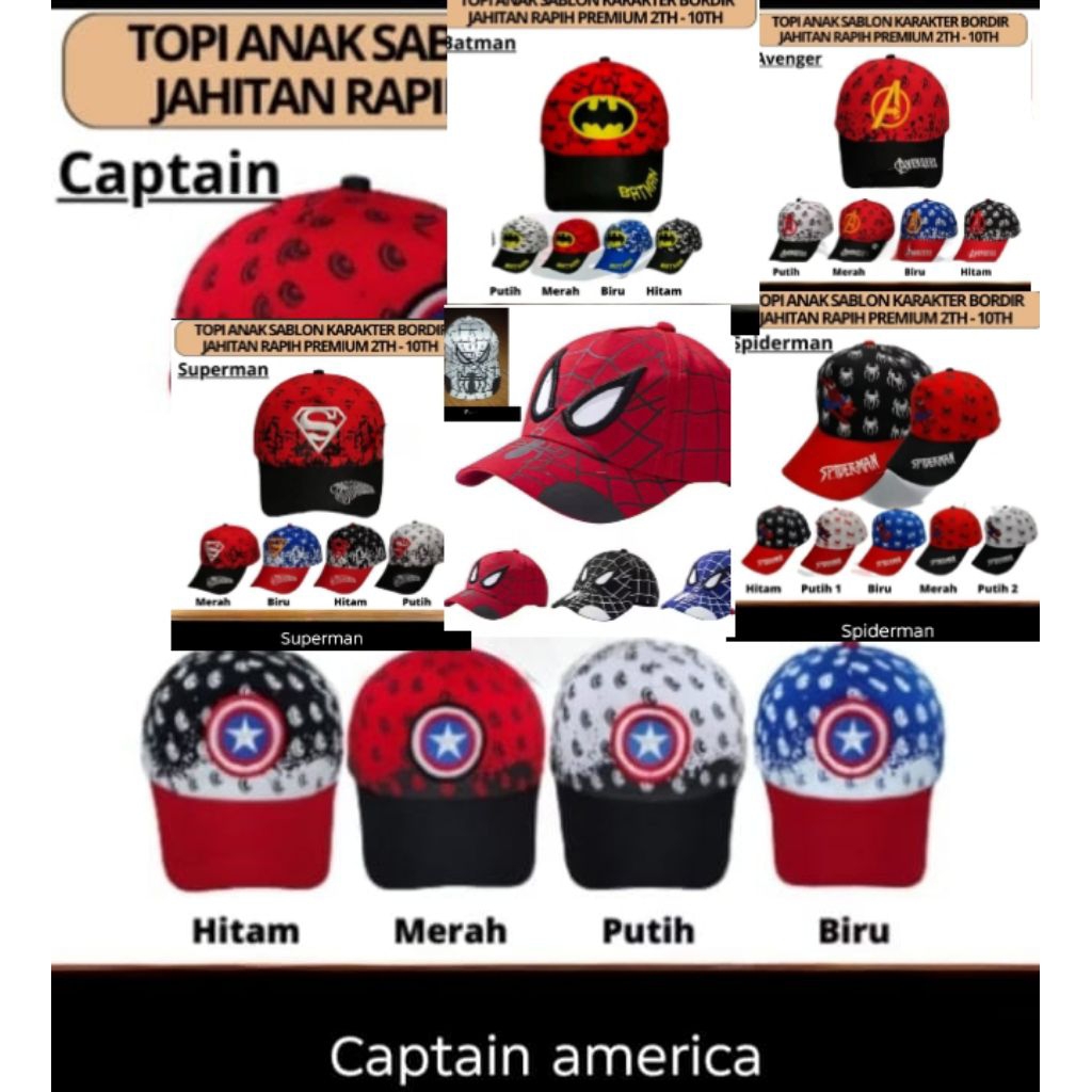 TOPI ANAK BORDIR SPIDERMAN SUPERMAN CAPTAIN BATMAN ATVENGER KARTUN SPIDERMAN SUPER HERO TERSEDIA 4WA