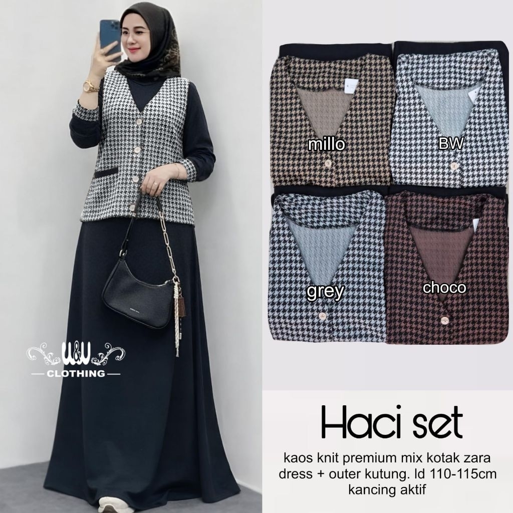 Setelan Wanita Dress Dan outer kutung Haci Set Knit Premium Mix Zara kotak Kancing Aktif