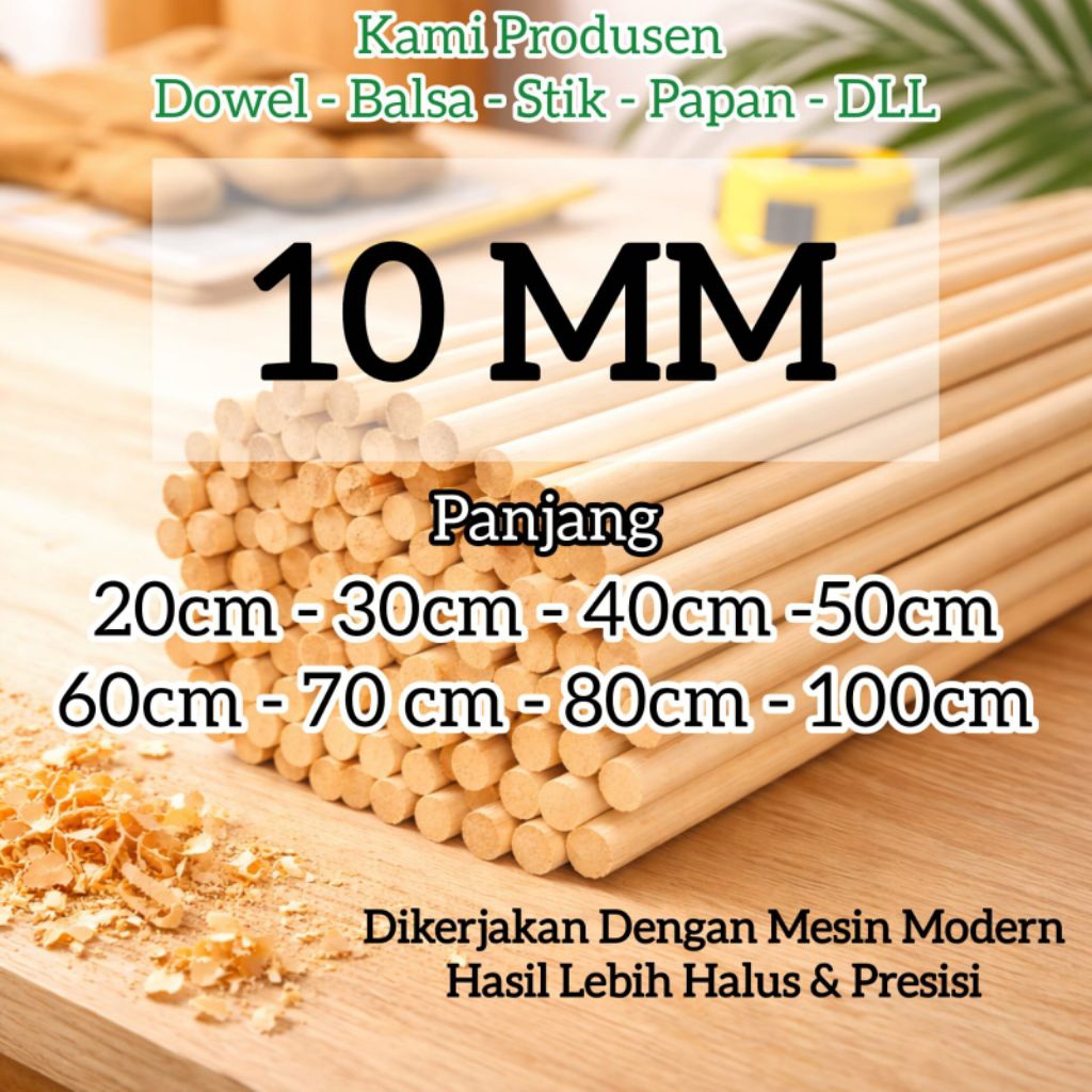 KAMI PRODUSEN - 10 MM Kayu Dowel Bulat - Kayu Balsa Stik Bulat - Kayu Kerajinan - Kayu Maket Buket -