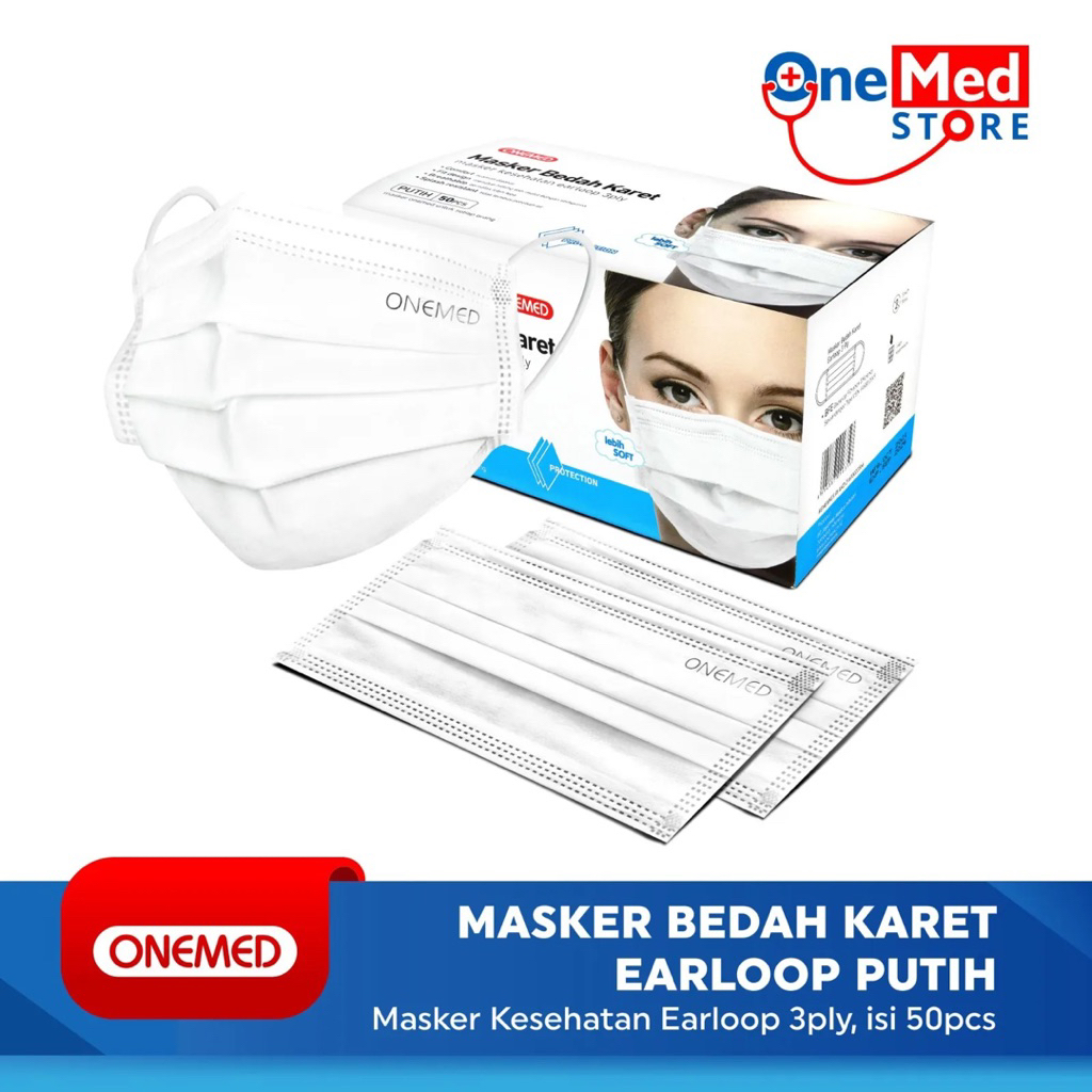 Masker Medis OneMed 3 Ply Earloop Putih 50 pcs - Lembut, Tahan Air, Nyaman Dipakai