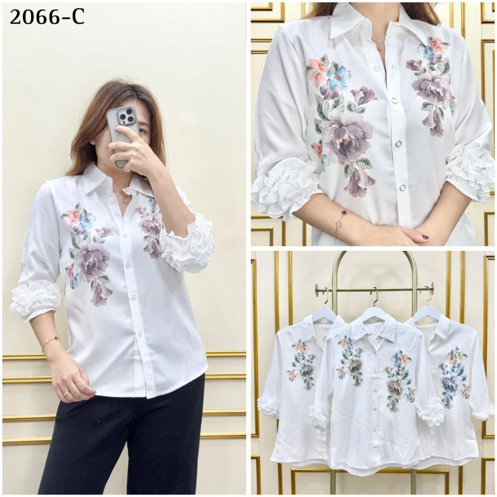 kemeja putih wanita motif bunga shakila adem lembut / atasan kemeja blouse cewek cantik formal casua