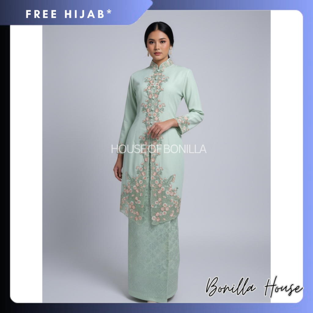 Setelan Baju Kurung Melayu Bahan Toyobo Full Bordir / Kebaya Melayu Tunik Wanita Dengan Full Bordir 