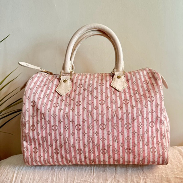 Louis Vuitton Mini Lin Croisette Speedy 30 bag preloved in pink and white monogram canvas with leath