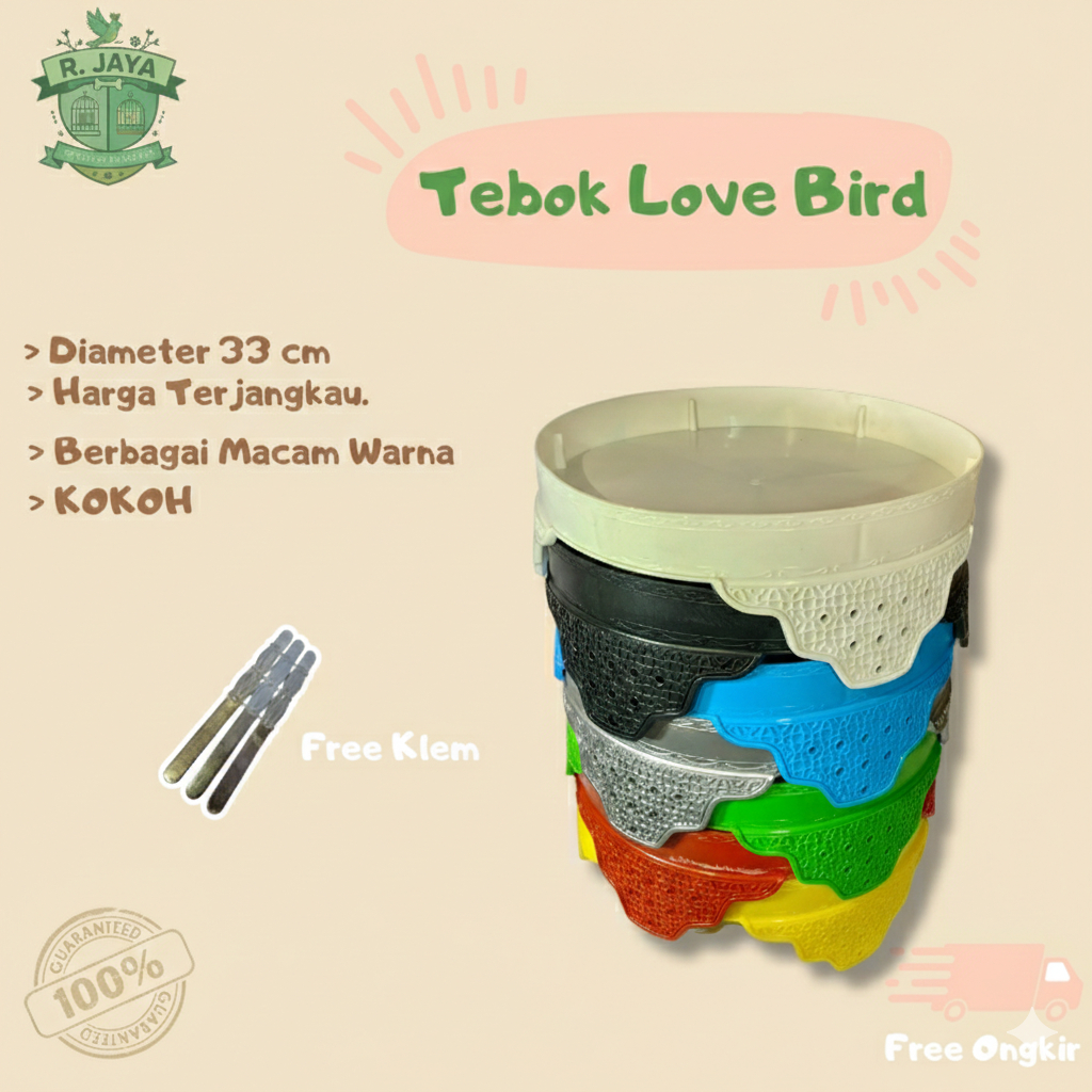 (GRATIS KLEM  ) TEBOK SANGKAR LOVE BIRD MOTIF WARNA DIAMETER 33CM PLASTIK TEBAL BERKUALITAS ANTI PEC