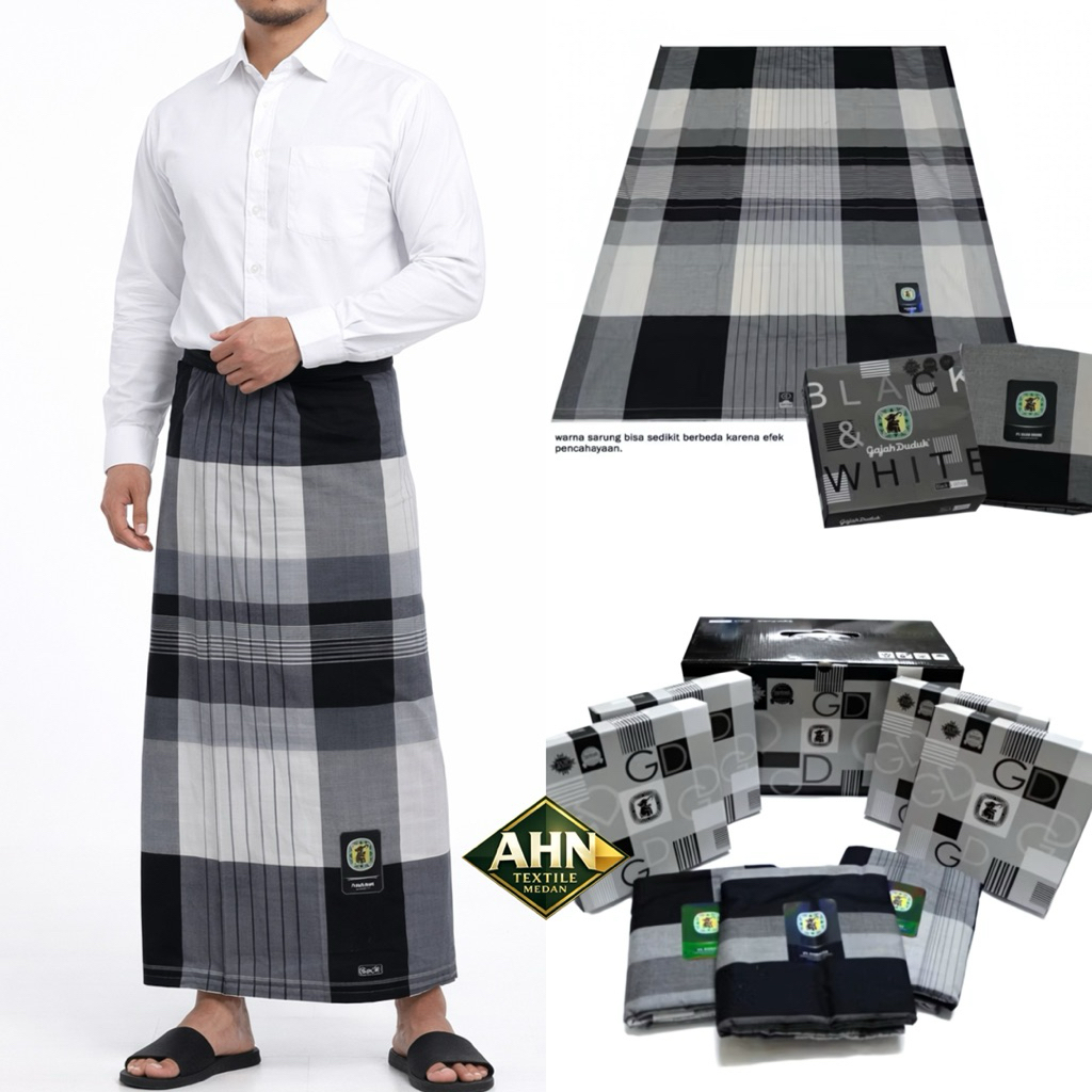 Sarung Tenun Gajah Duduk Black & White Kain Sarung Gajah Duduk Hitam-Putih