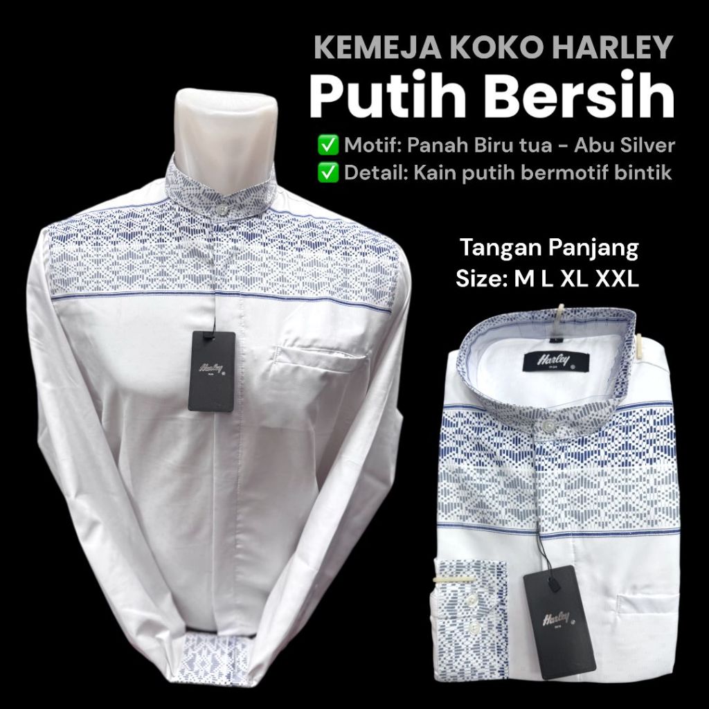 kemeja Koko kemko Harley original terbaru lengan panjang warna putih motif batik baju muslim terbaru