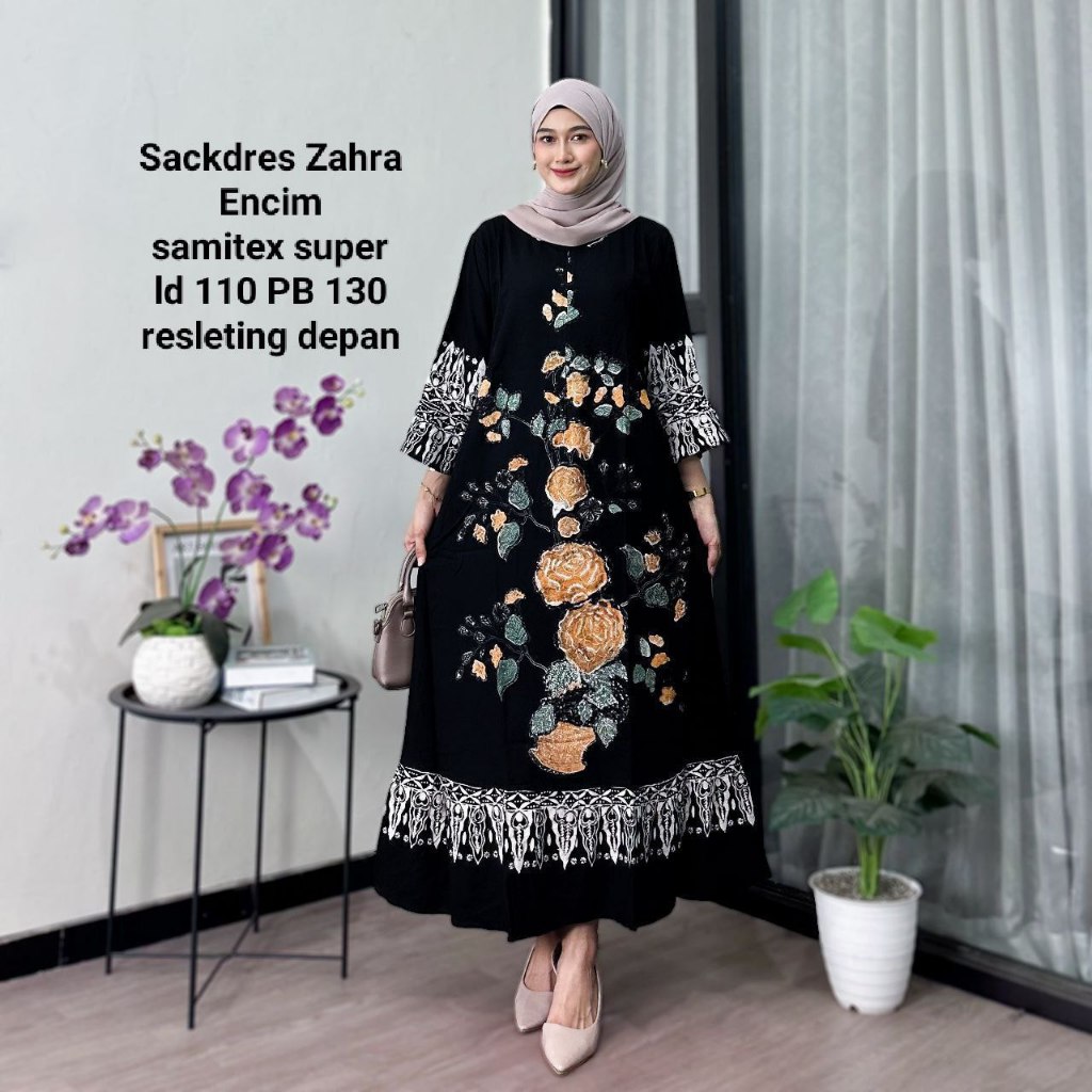 Sackdress Zahra Encim Bunga Batik Cap Kombinasi Batik Tulis