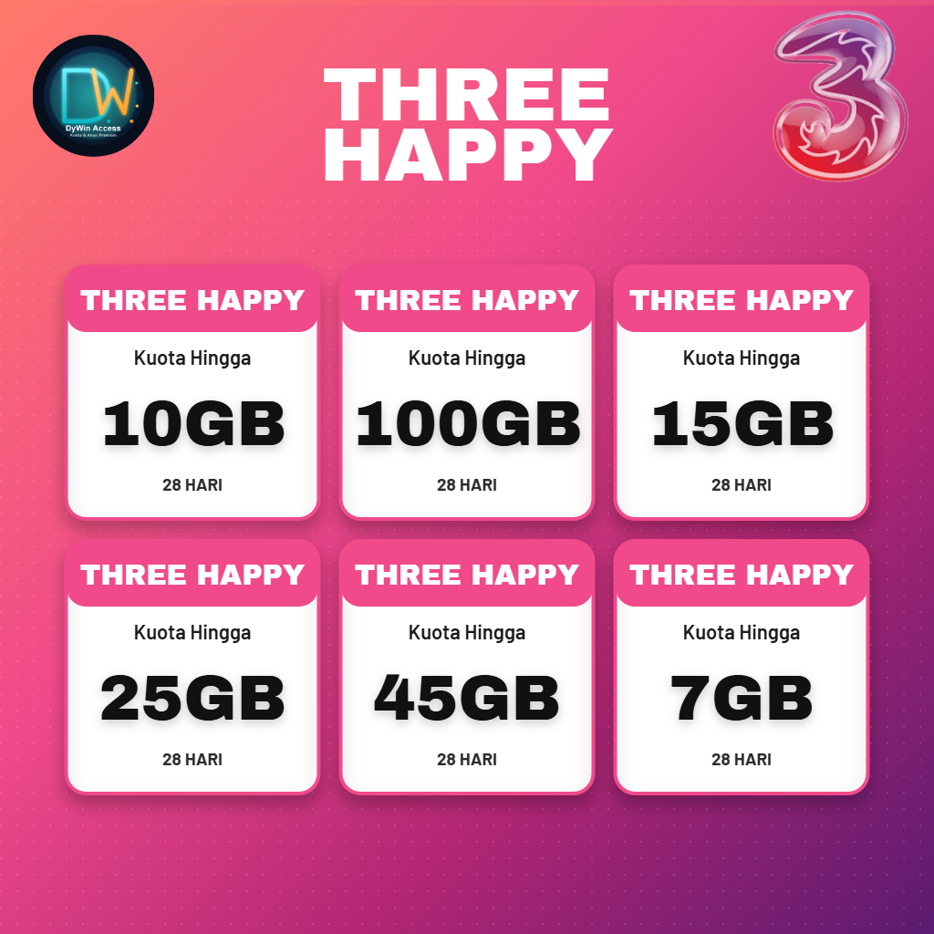 PAKET DATA INTERNET THREE HAPPY JUMBO| 42GB - 130GB|28 HARI