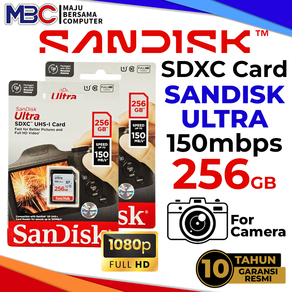 SDXC Card Sandisk Ultra 256GB 150Mbps Garansi Resmi - SD Card 32gb 64gb 128gb 256gb 512gb Kamera DSL