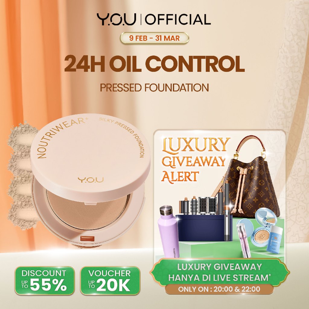 YOU NoutriWear+ Silky Pressed Foundation Full Coverage Oil Control & Tahan Lama 24 Jam | Bedak Padat