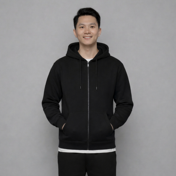 Jaket Zipper Hoodie Polos Pria Wanita Fleece Hitam