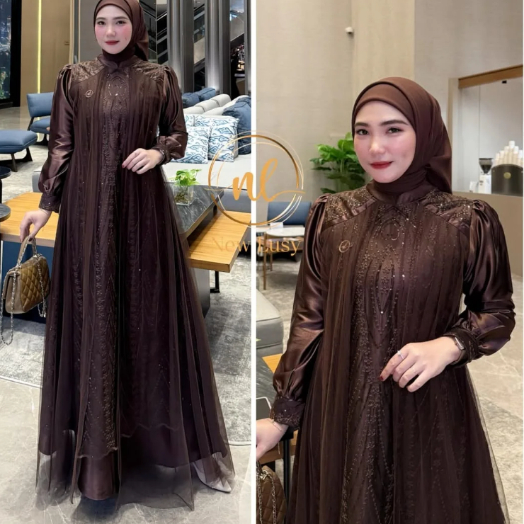 Gamis wanita virall 2026 Leya Dress Burkat  Satin Velvet Premium Kombinasi Tille Gamis Pesta Kondang
