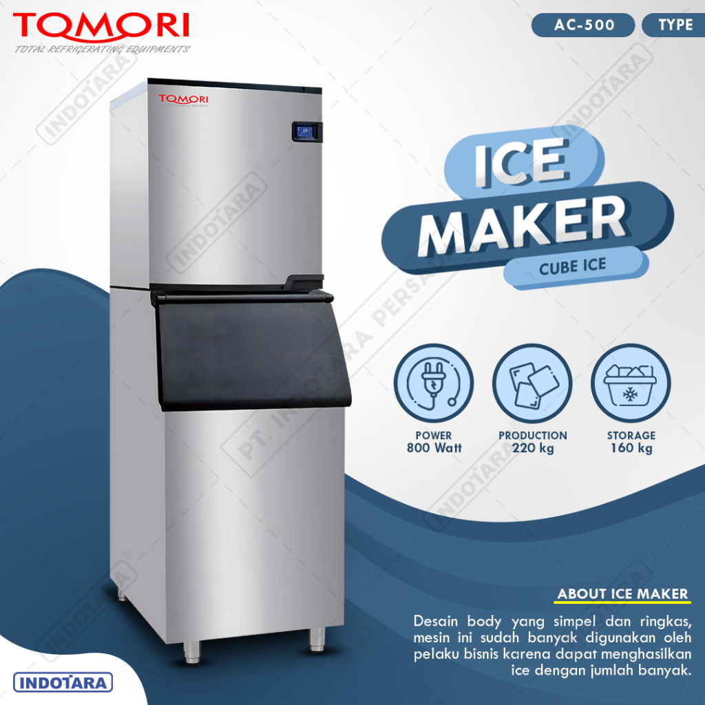 Mesin Pembuat Es Kubus Tomori AC500, Kapasitas 143 kg/Hari, Dimensi 560x800x1830 mm