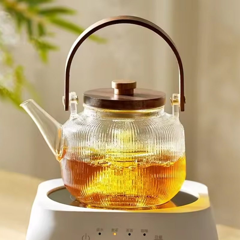 Teko kaca tahan panas dengan gagang kayu Teko kaca tahan panas 800ml untuk membuat teh Kompor gas da