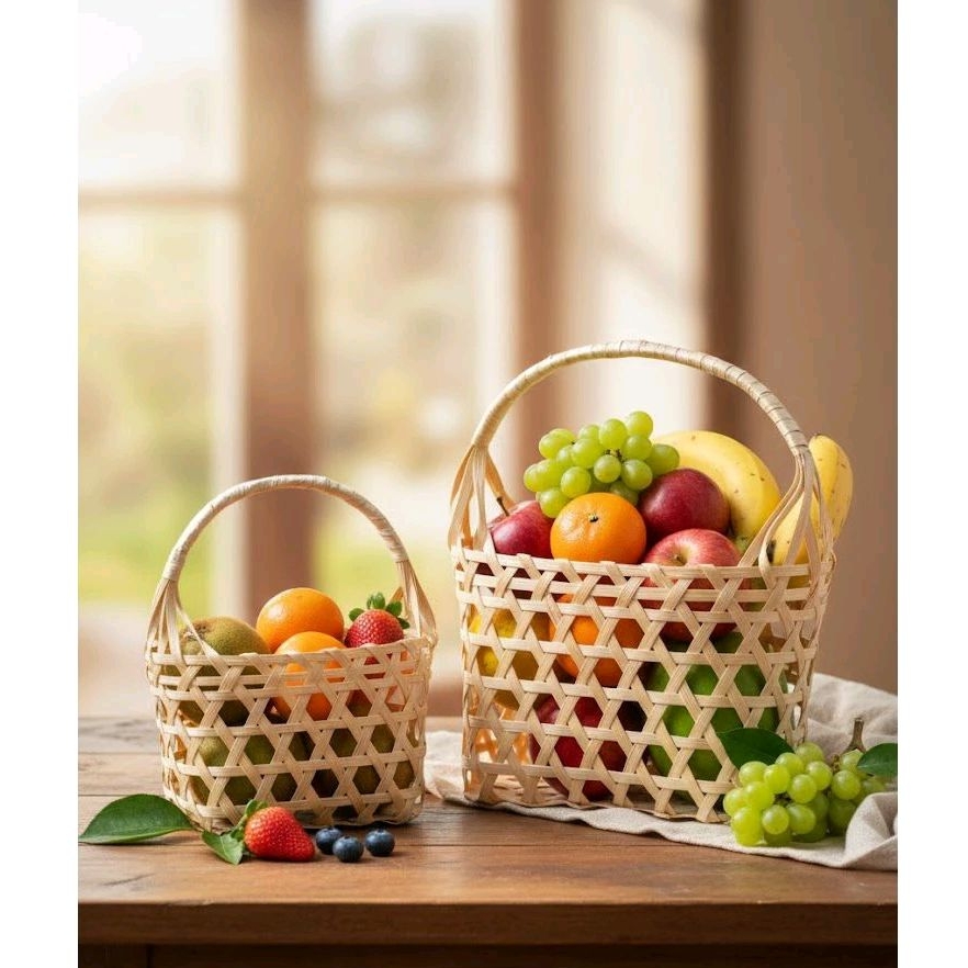 TAS KERANJANG ANYAMAN BAMBU UKURAN SEDENG & BESAR KERANJANG BUAH PARCEL HAMPERS KERANJANG PARCEL